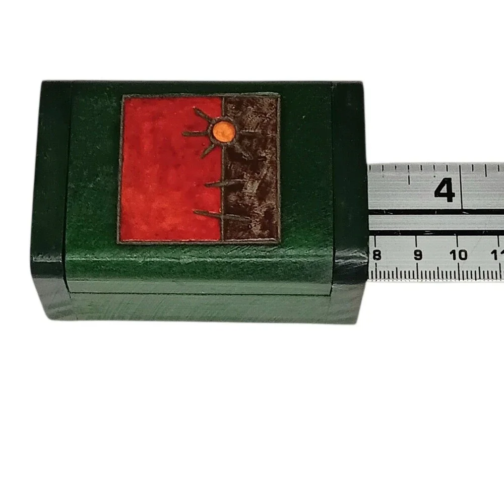 Vintage Carved Wood Trinket Box Green Red Brown With Sun From Colombia 3x2x1.25